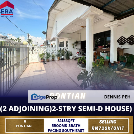 Pontian 2-stry Semi-D House For Sale (2 Adjoining Units & South East), Johor, Pontian