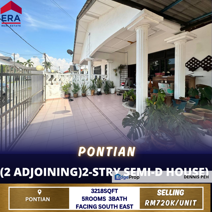 Pontian 2-stry Semi-D House For Sale (2 Adjoining Units & South East), Johor, Pontian
