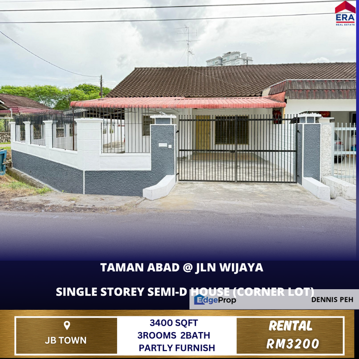 Taman Abad @Jln Wijaya 1-stry Semi-D Corner House For Rent, Johor, Johor Bahru