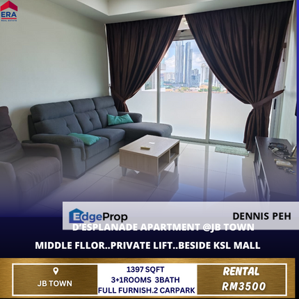 D'Esplanade Residence@Jb Town 3+1room Full Furnish For Rent (Private Lift), Johor, Johor Bahru
