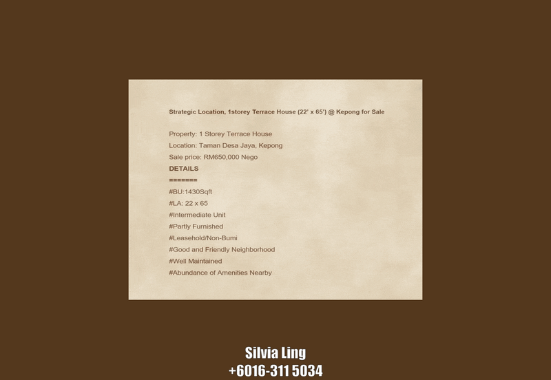 Strategic Location, 1storey Terrace House ('22 x 65') @ Kepong for Sale