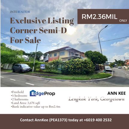 Lengkok York, Georgetown Corner Semi-D with garden For Sale. Quiet, serene & safe neighbourhood, near Pulau Tikus, Penang Island, Malaysia, Penang, Georgetown