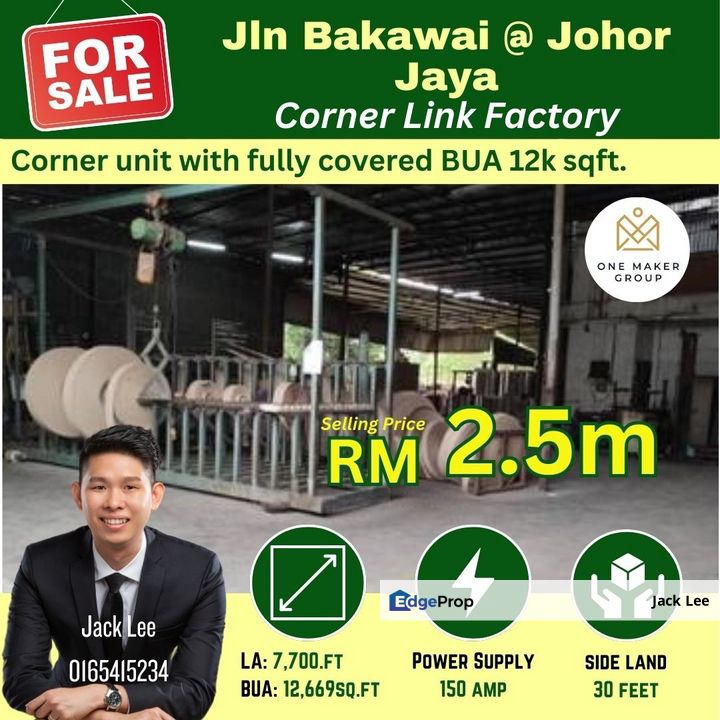 Johor Jaya Jalan Bakawali 1.5sty Corner Link Factory BUA 12,000sf for Sale RM2,500,000 By Jack