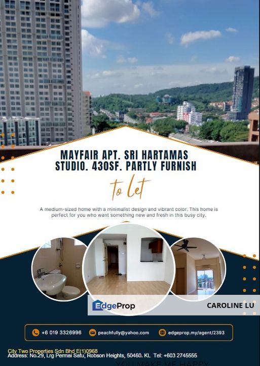 RM950/mth only. Beautiful PF Studio at Mayfair Apt to Let for Rental