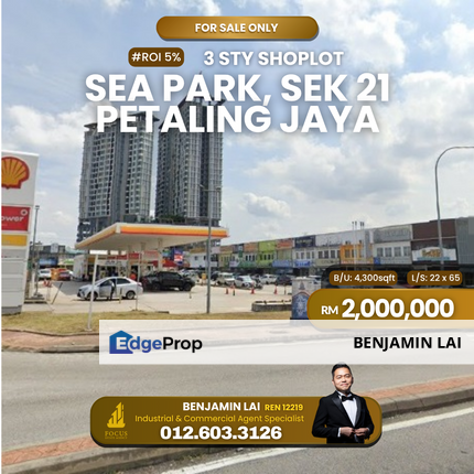 ROI 5% Sea Park 3sty Shoplot Seksyen 2 PJ, Selangor, Petaling Jaya