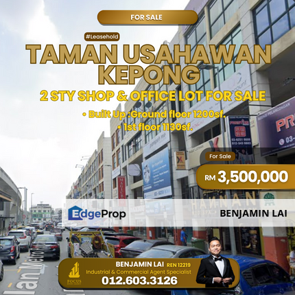 Taman Usahawan Kepong 2 Sty Shop & Office Lot For Sale , Kuala Lumpur, Kepong