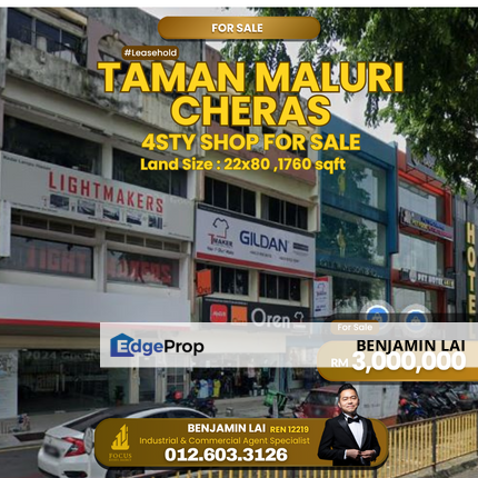 Taman Maluri Cheras 4sty Shop For Sale, Kuala Lumpur, Cheras