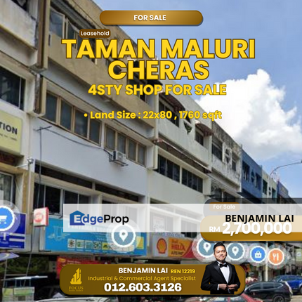 Taman Maluri Cheras 4sty Shop For Sale , Kuala Lumpur, Cheras