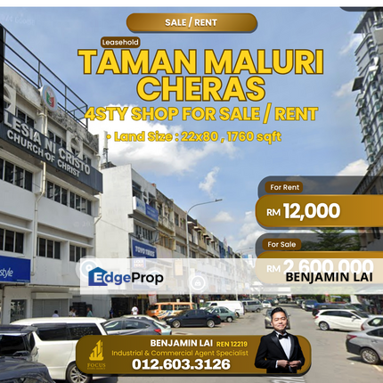 Taman Maluri Cheras 4sty Shop For Sale / Rent , Kuala Lumpur, Cheras