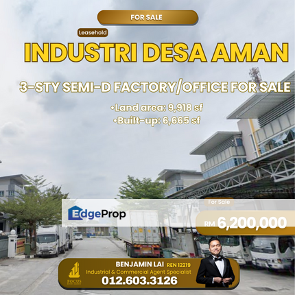 Industri Desa Aman 3-sty semi-d factory/office For Sale , Kuala Lumpur, Kepong