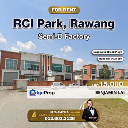 Rci Park, Rawang 1.5 Storey Semi-D Factory For Rent, Selangor, Rawang