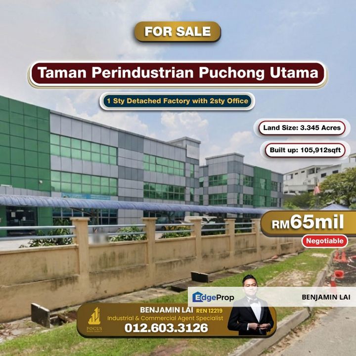 Taman Perindustrian Puchong Utama 1 Sty Detached Factory with 2sty Office For Sale, Selangor, Puchong