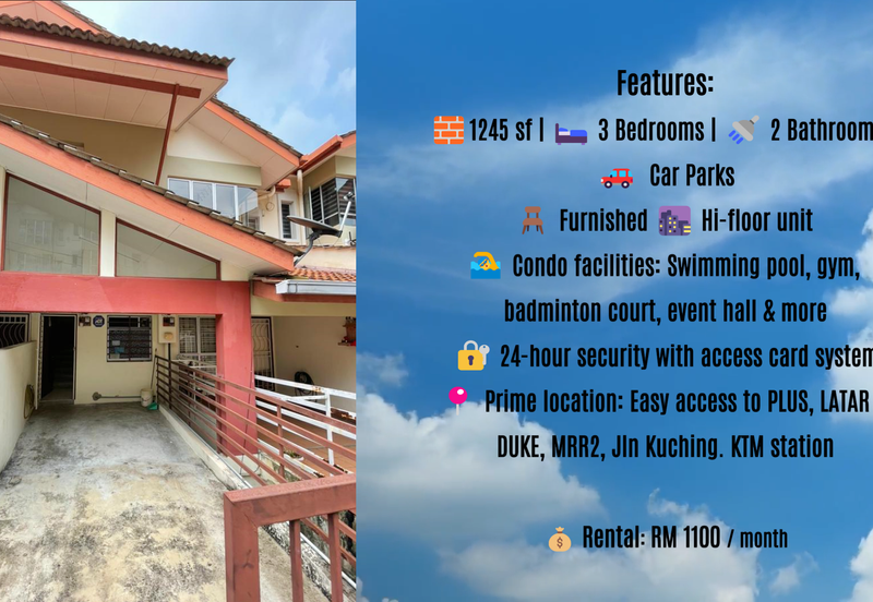 Amansiara Townhouse For Rent RM1100 3R 2B Move In Ready Furnished, Taman Amansiara Selayang Rawang Gombak