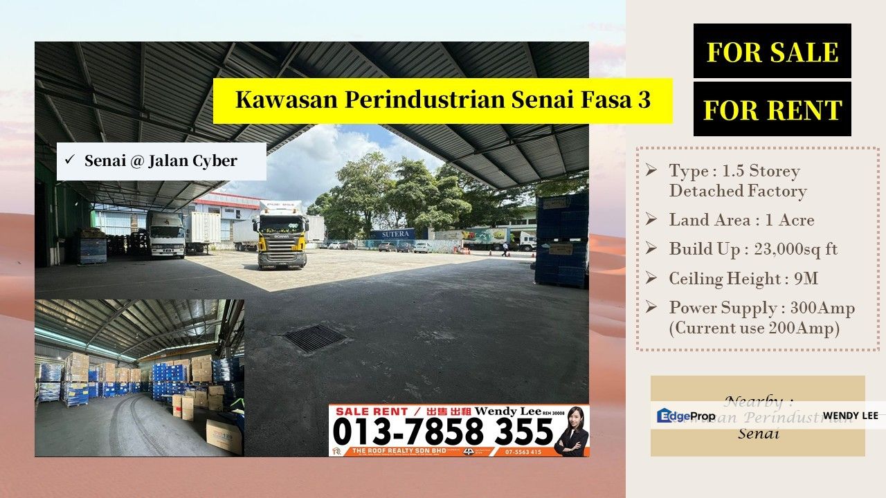 [Rent] Kawasan Perindustrian Senai Fasa 3 Jalan Cyber Detached Factory 1 Acre Land Build up 23k sf For Sale and Rent, Johor, Senai