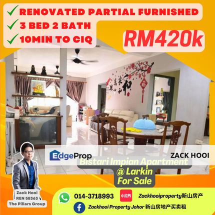 Bistari Impian Apartment @ Larkin, Johor Bahru, Johor @ Renovated 3 Bed Unblock Unit with Partial Furnished For Sale, Johor, Johor Bahru