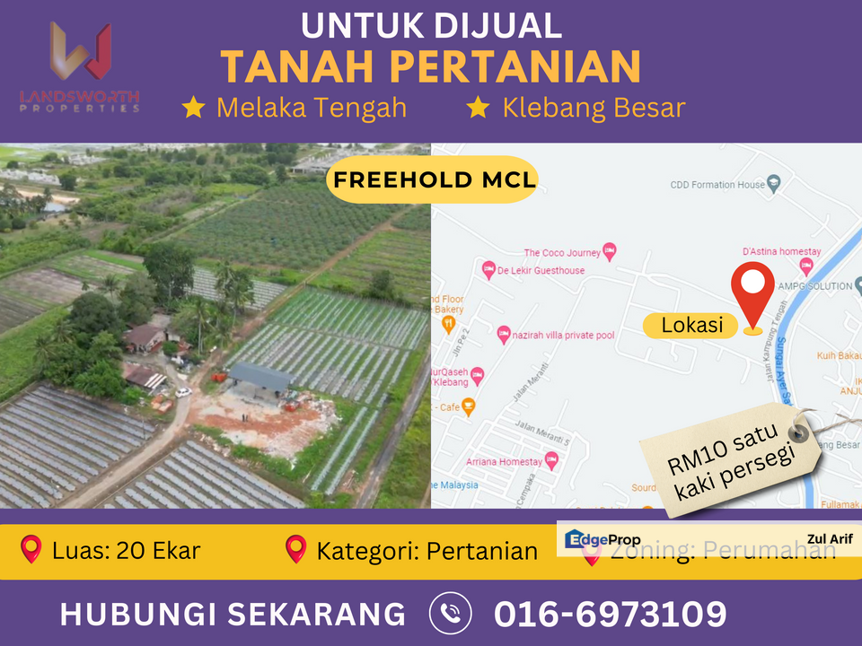 20 Ekar Tanah Pertanian Freehold Zoning Residential Klebang Besar, Melaka, Melaka, Melaka Tengah